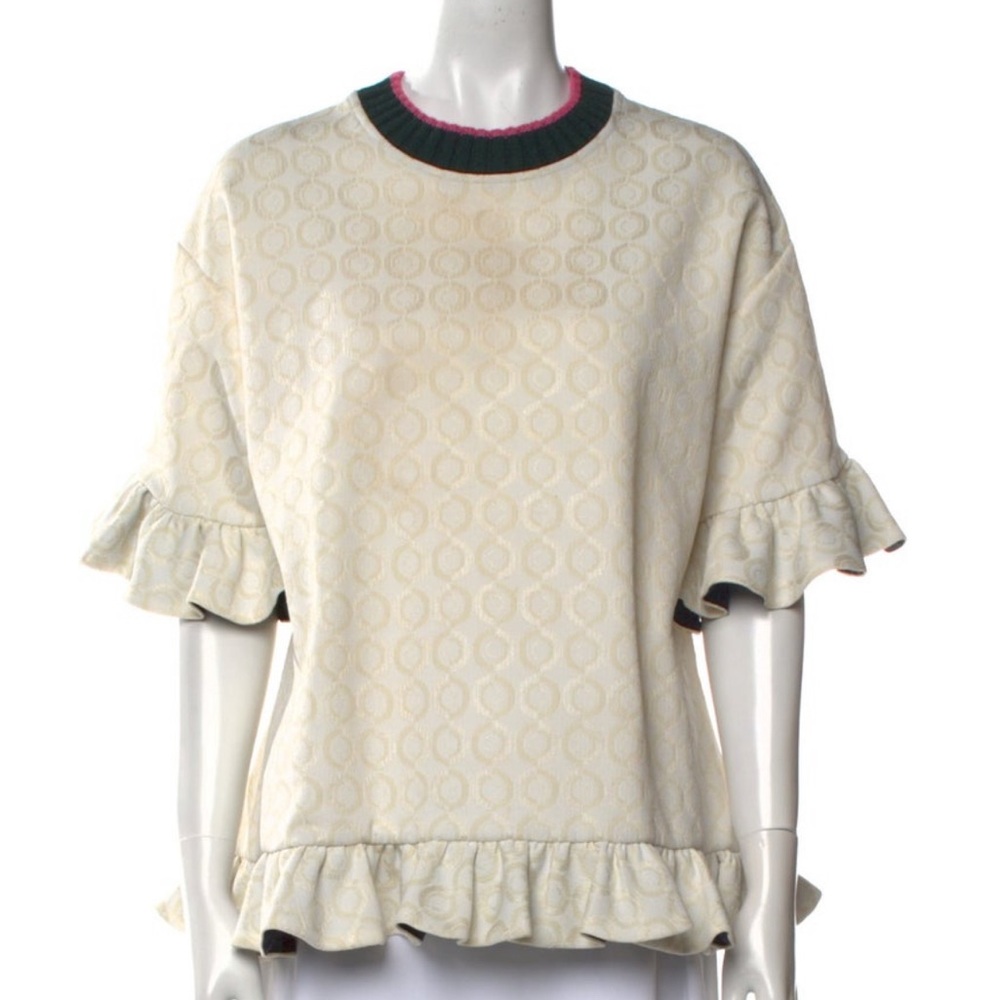 Marni Cream Ruffle-Sleeve Knit Top with Contrast Neck Trim